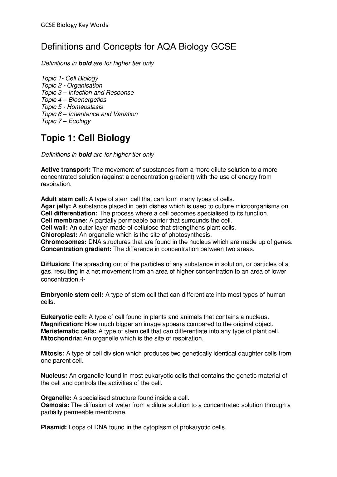 Biology Key Words for GCSEs