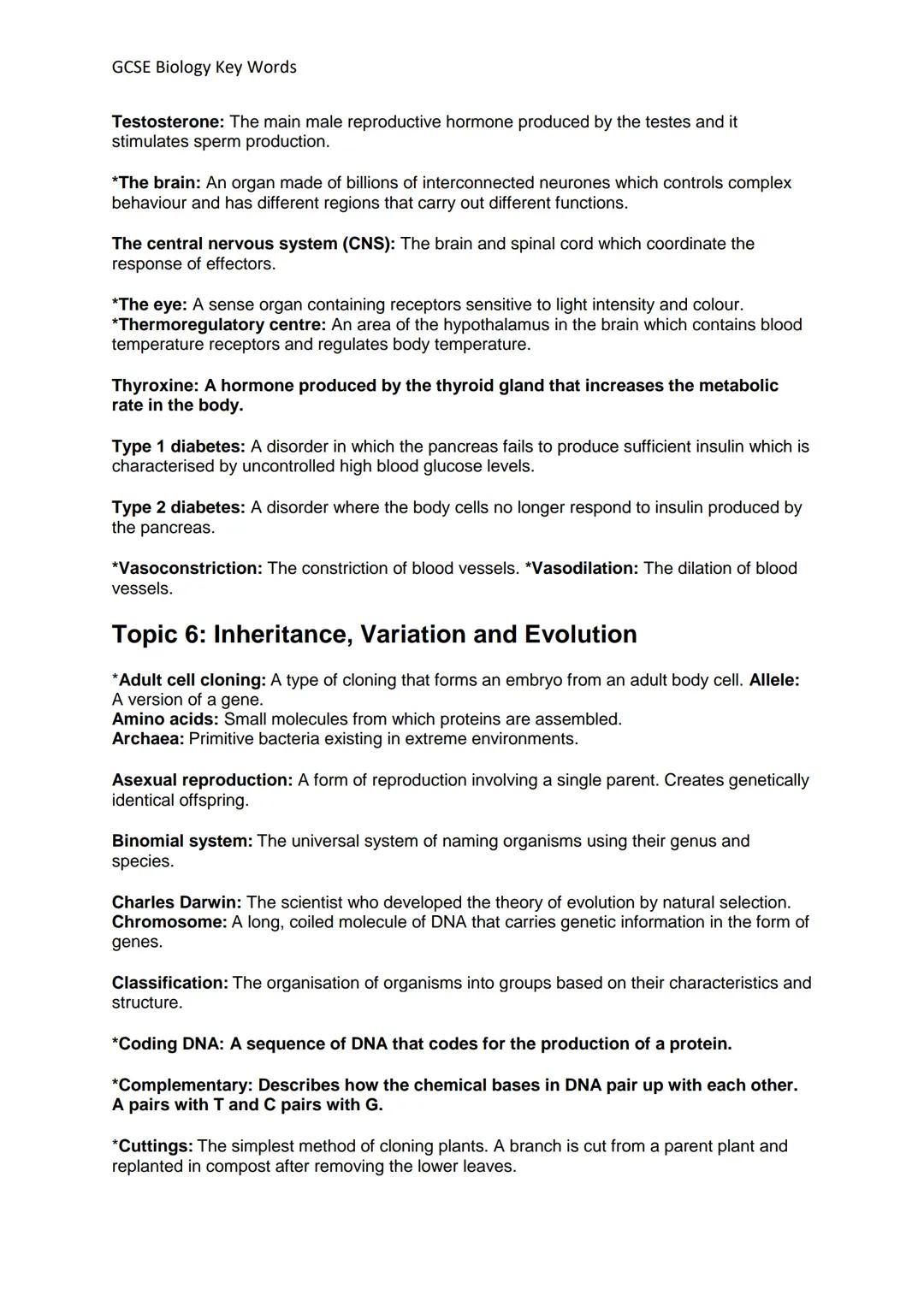 GCSE Biology Key Words
Definitions and Concepts for AQA Biology GCSE
Definitions in **bold** are for higher tier only
Topic 1- Cell Biology
