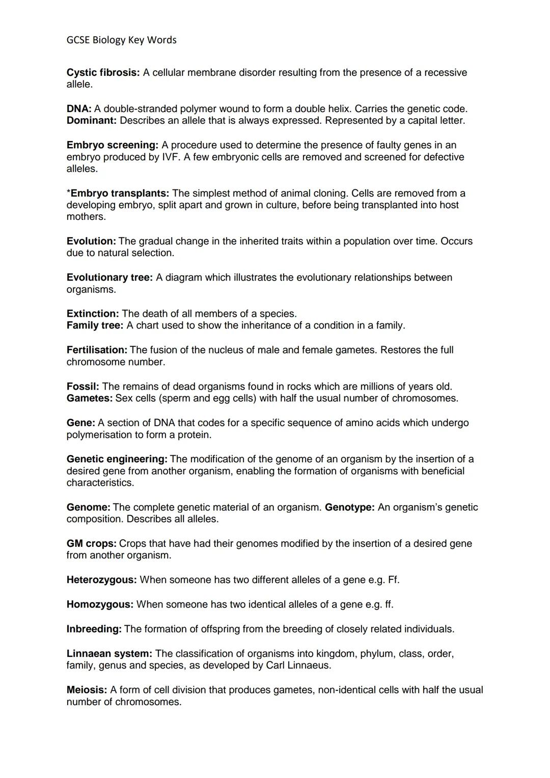 GCSE Biology Key Words
Definitions and Concepts for AQA Biology GCSE
Definitions in **bold** are for higher tier only
Topic 1- Cell Biology
