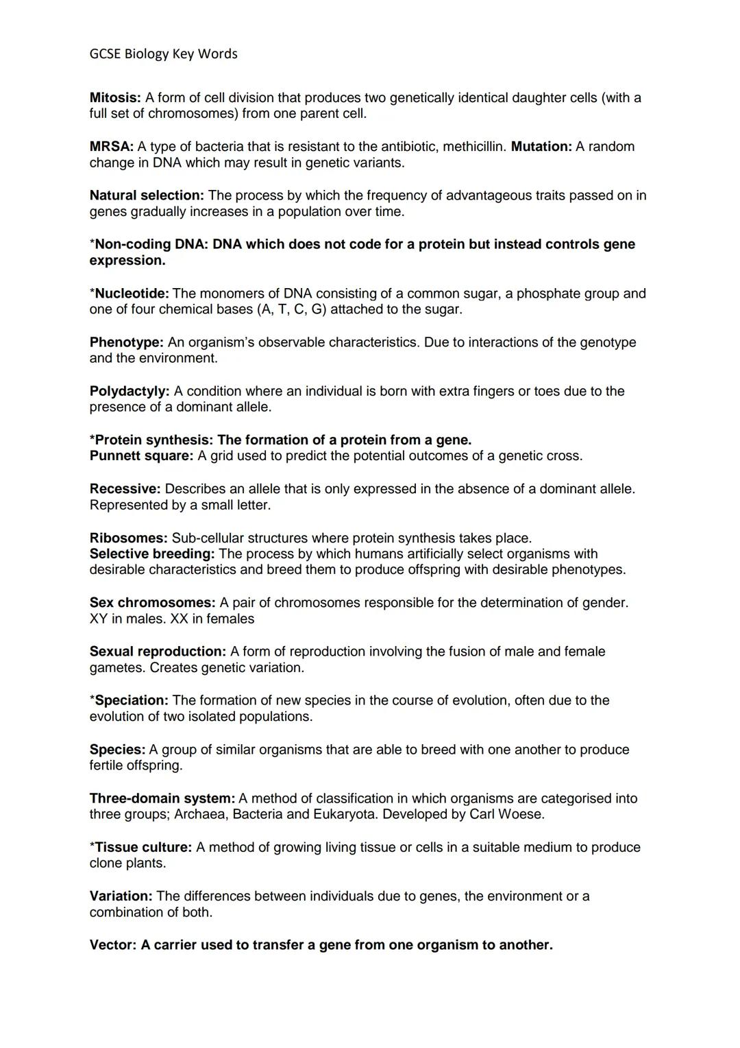 GCSE Biology Key Words
Definitions and Concepts for AQA Biology GCSE
Definitions in **bold** are for higher tier only
Topic 1- Cell Biology

