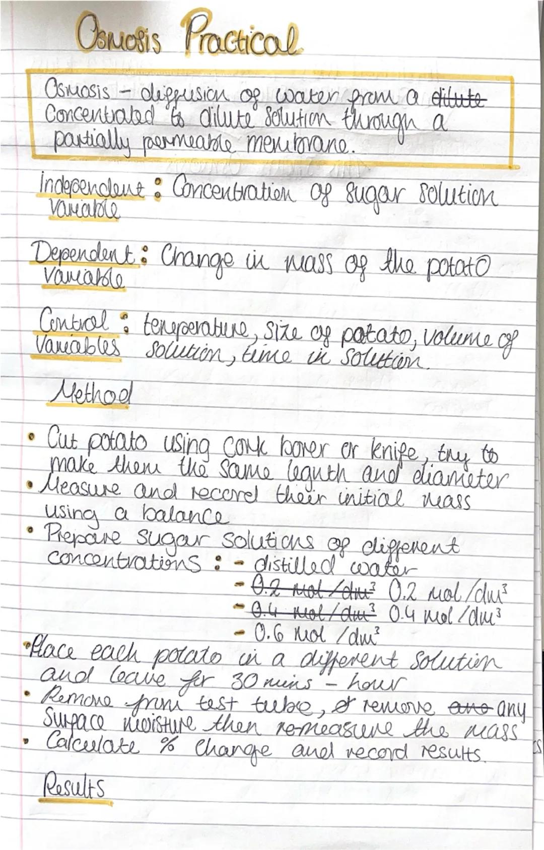 --- OCR Start ---
Comosis Practical
Osmosis - diffusion of water from a dilute
Concentrated is dilute solution through a
partially permeable