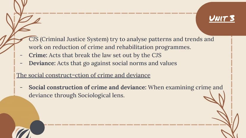 THE SOCIAL CONSTRUCT OF
CRIME + DEVIANCE Crime: Acts that break the law set out by the CJS
Deviance: Acts that go against social norms and v