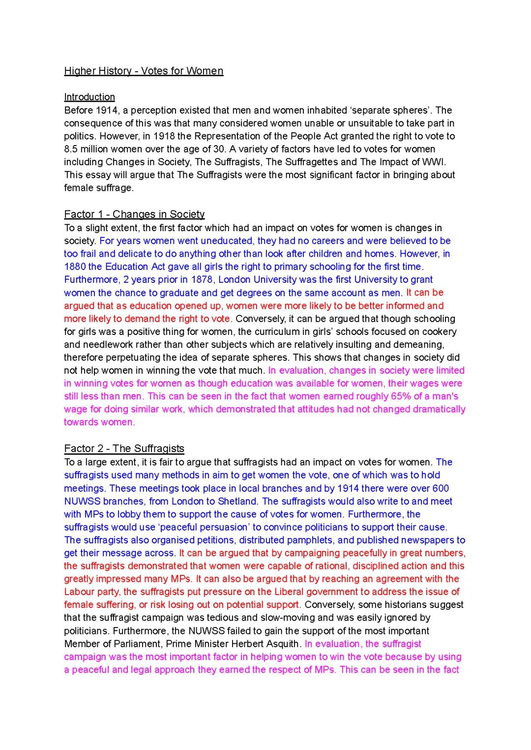 Higher History Essay: Votes for Women & Suffragette Movement