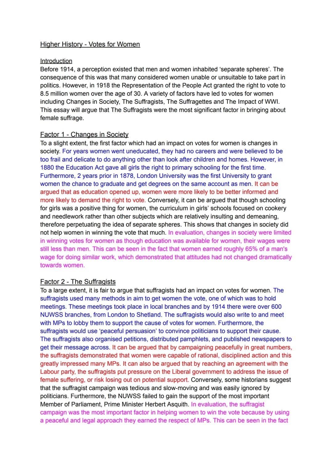 Higher History - Votes for Women
Introduction
Before 1914, a perception existed that men and women inhabited 'separate spheres'. The
consequ