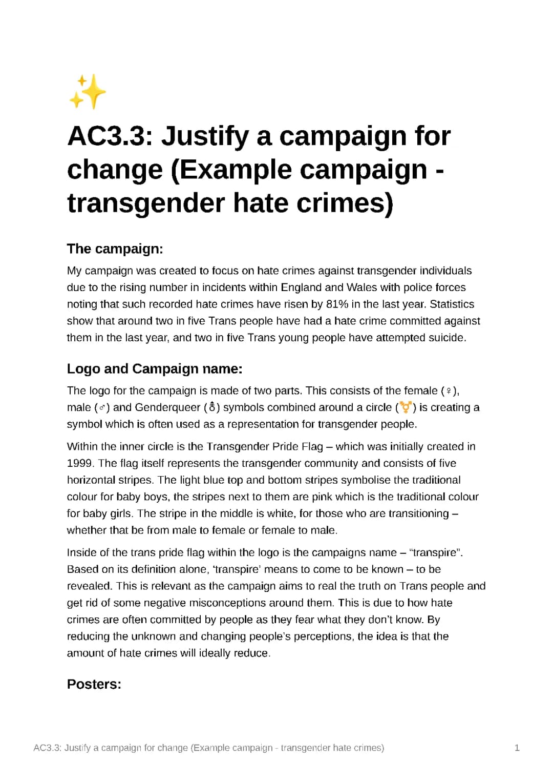 Unit 1 - AC3.3: Justify a campaign for change (Example campaign - transgender hate crimes)