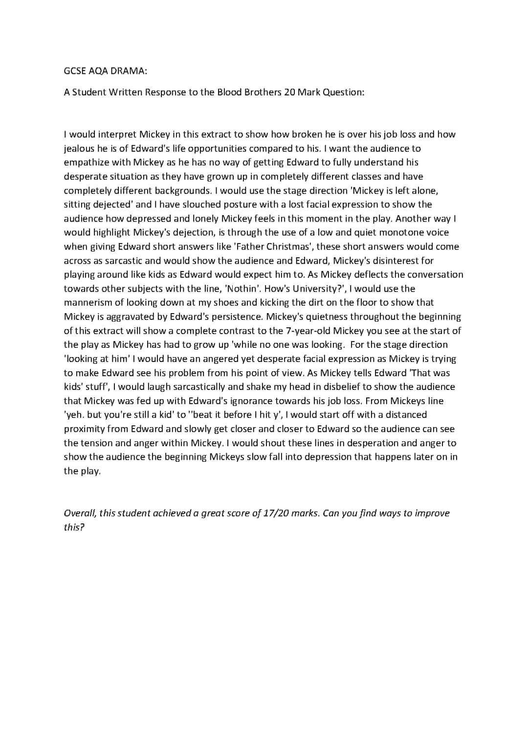 GCSE AQA Drama 20 Mark Response 