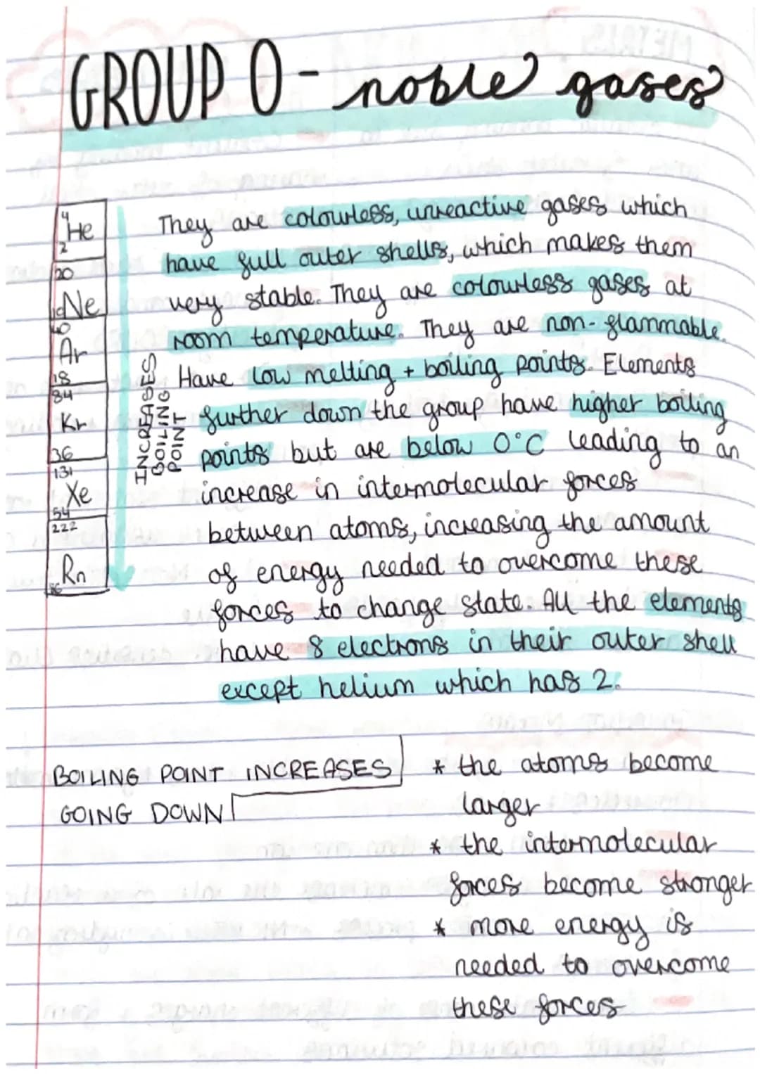 GROUP O- noble gases
They are colourless, urreactive gases which
have full outer shells, which makes them.
very stable. They are colourless 