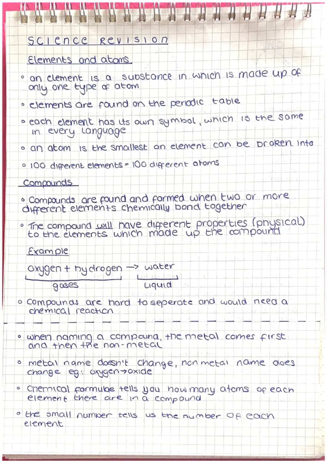 Science Revision
Elements and atoms.
an element is a substance in which is made up of
only one type of atom
• elements are found on the peri