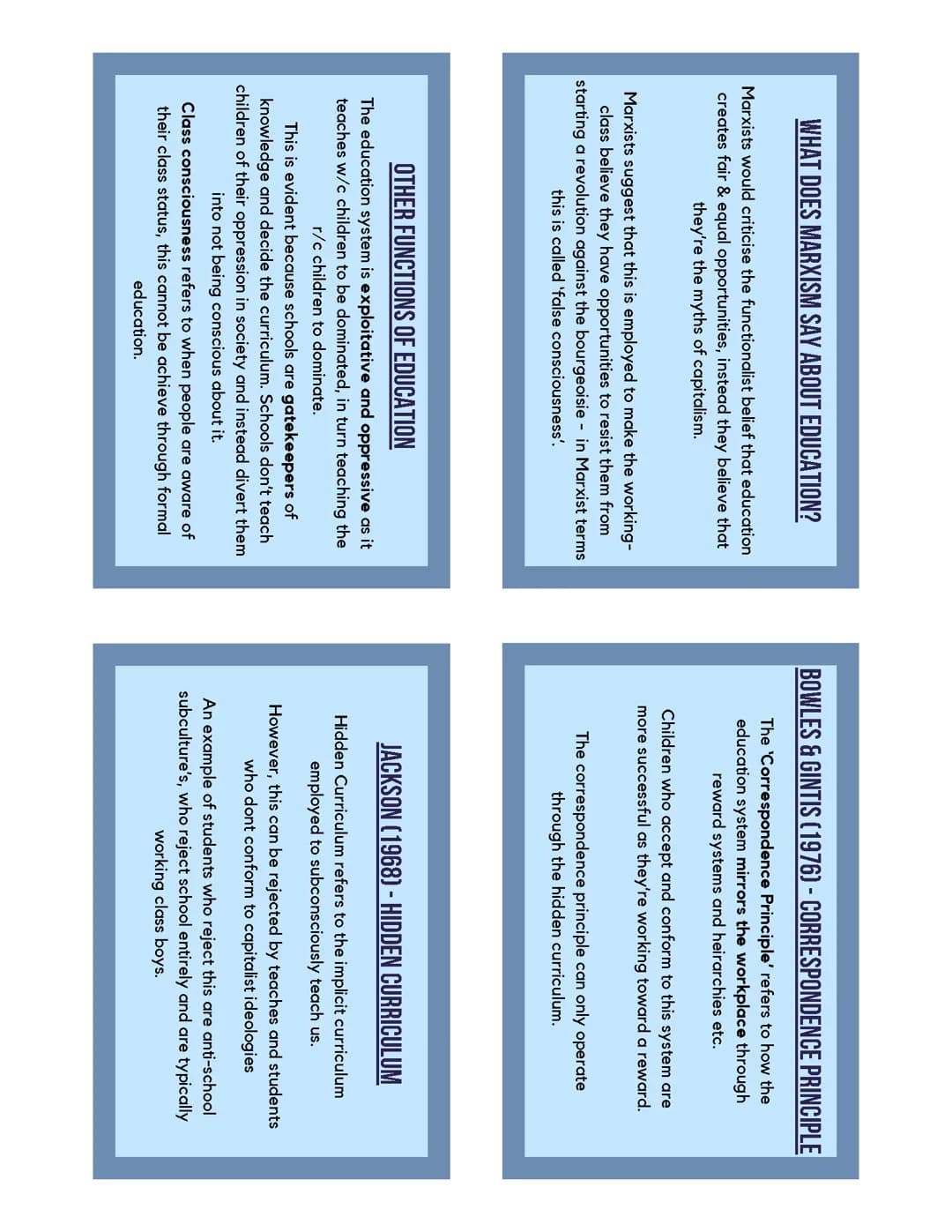 Sociology Education Revision Cards