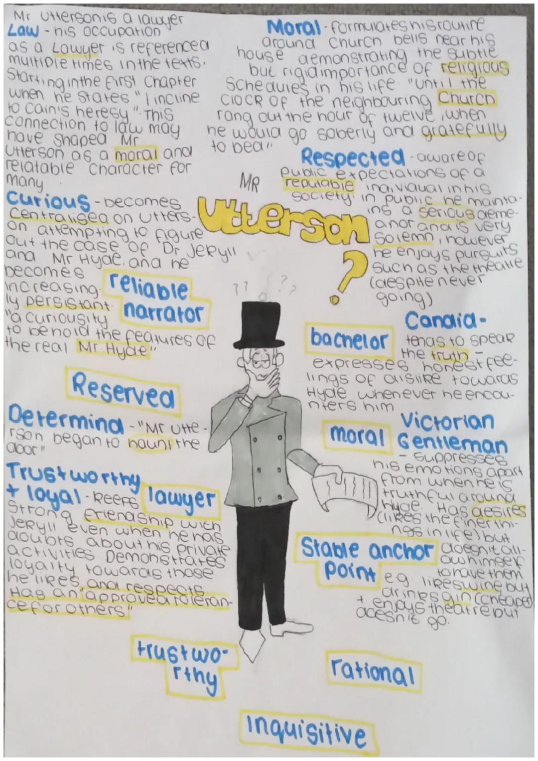 Mr Uttersonis a lawyer
Law-nis occupation
as a Lawyer is referenced
multiple times in the texts.
Starting in the First Chapter
when he state