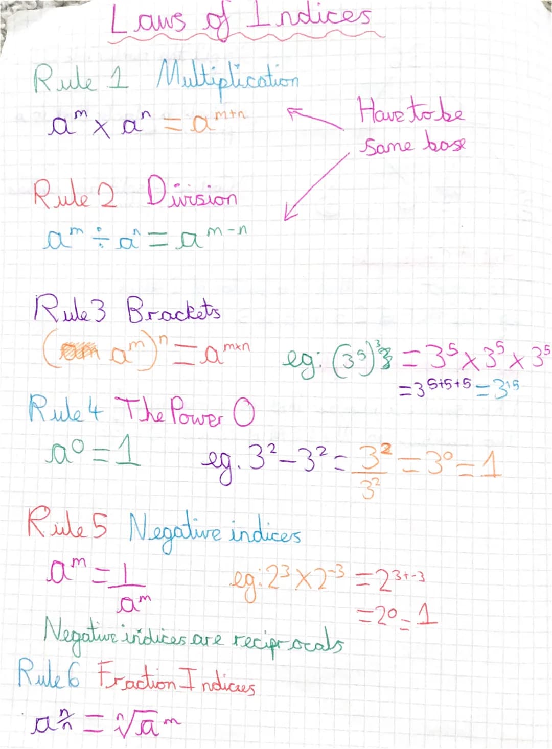 Laws of Indices
Rule 1 Multiplication
ах
axa^amth.
an
а
Rule 2 Division
am÷a=am-n
Rule 3 Brackets
5
(am am)" =am eg: (33) ³3 = 3³ x 3³ x 3²
