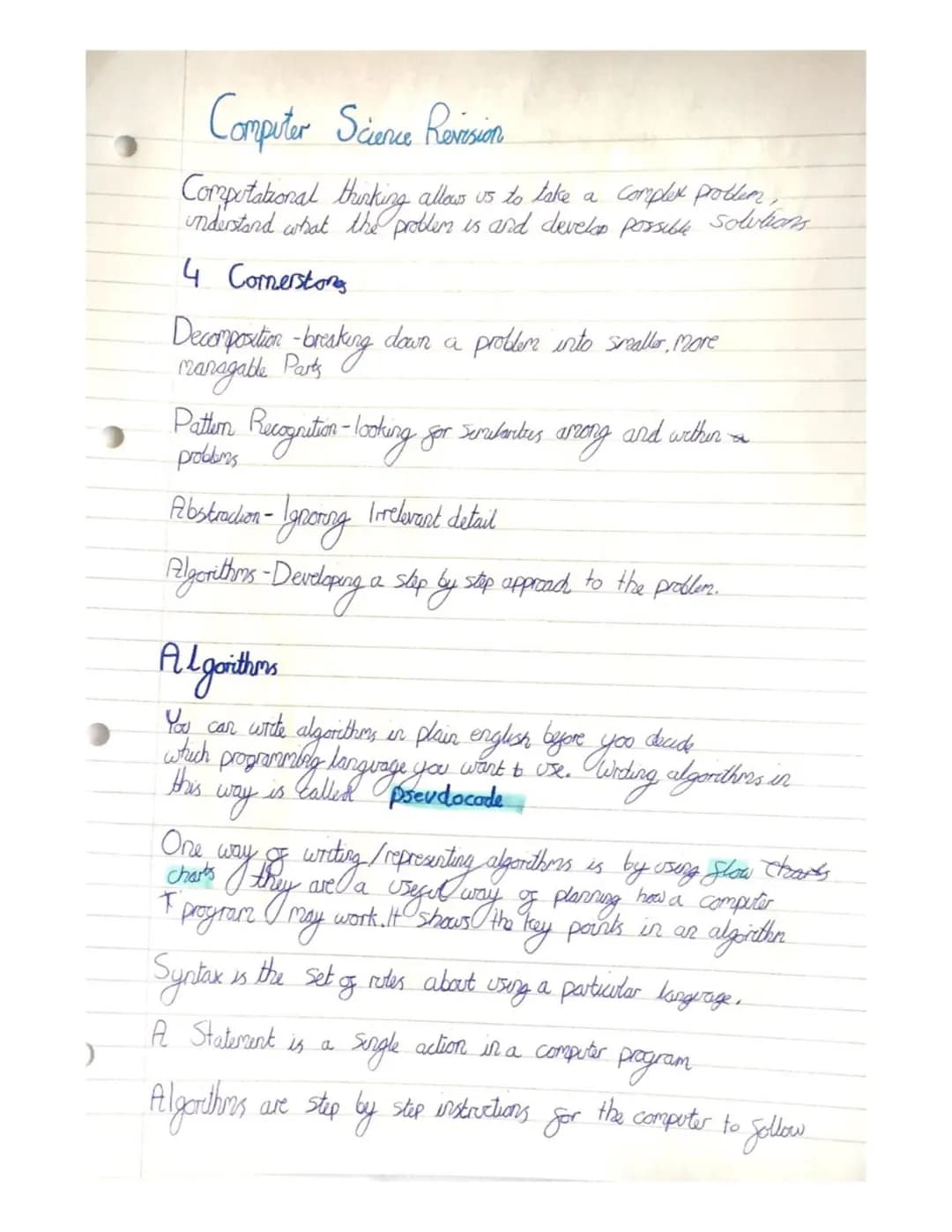 )
Computer Science Revision
Computational thinking allows us to take a complex probler,
understand what the problem is and develop possible 