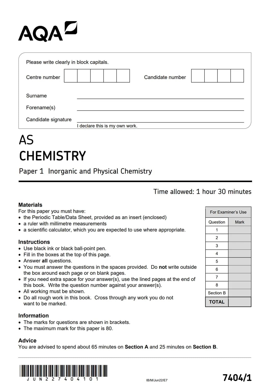 AQA
Please write clearly in block capitals.
Centre number
Surname
Forename(s)
Candidate signature
AS
I declare this is my own work.
CHEMISTR