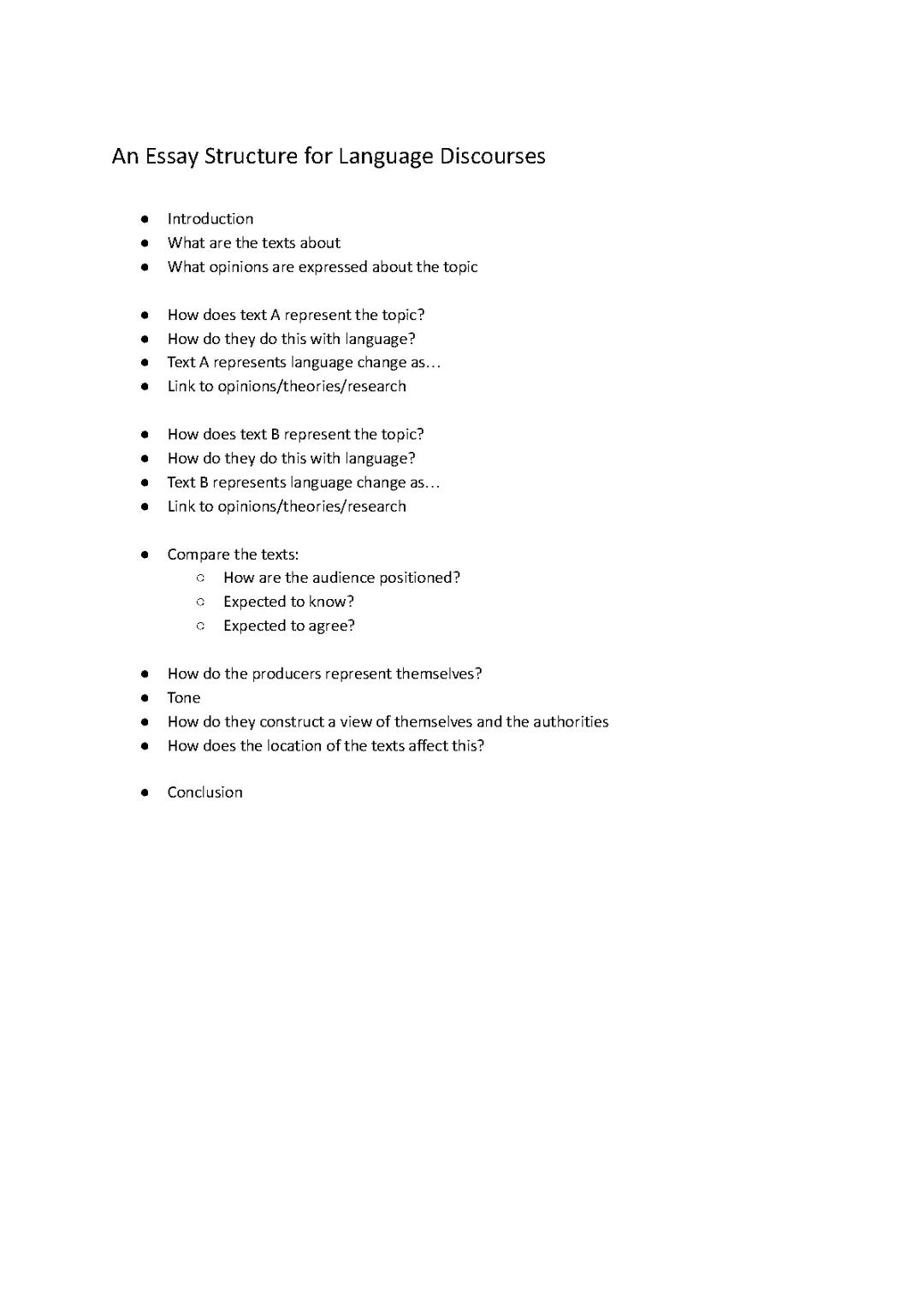 Essay Plan/Structure for Language Discourses Essay A Level English Language