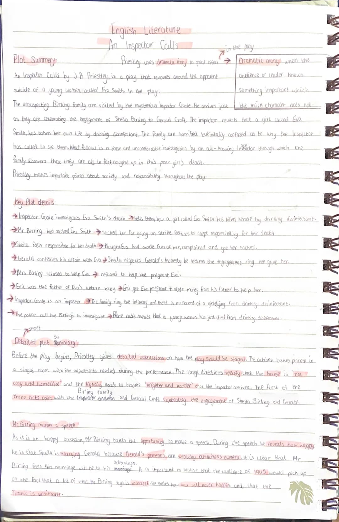 English Literature
An Inspector Calls
in the play
Su
7°
uses dramatic irony to great effect →
Plot Summery
Priestley
An Inspector Calls by J