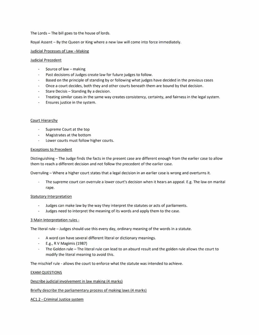 Criminology Unit 4 Notes.
AC1.1 Law making.
The law in England and Wales is made within the government through parliament and the judiciary.