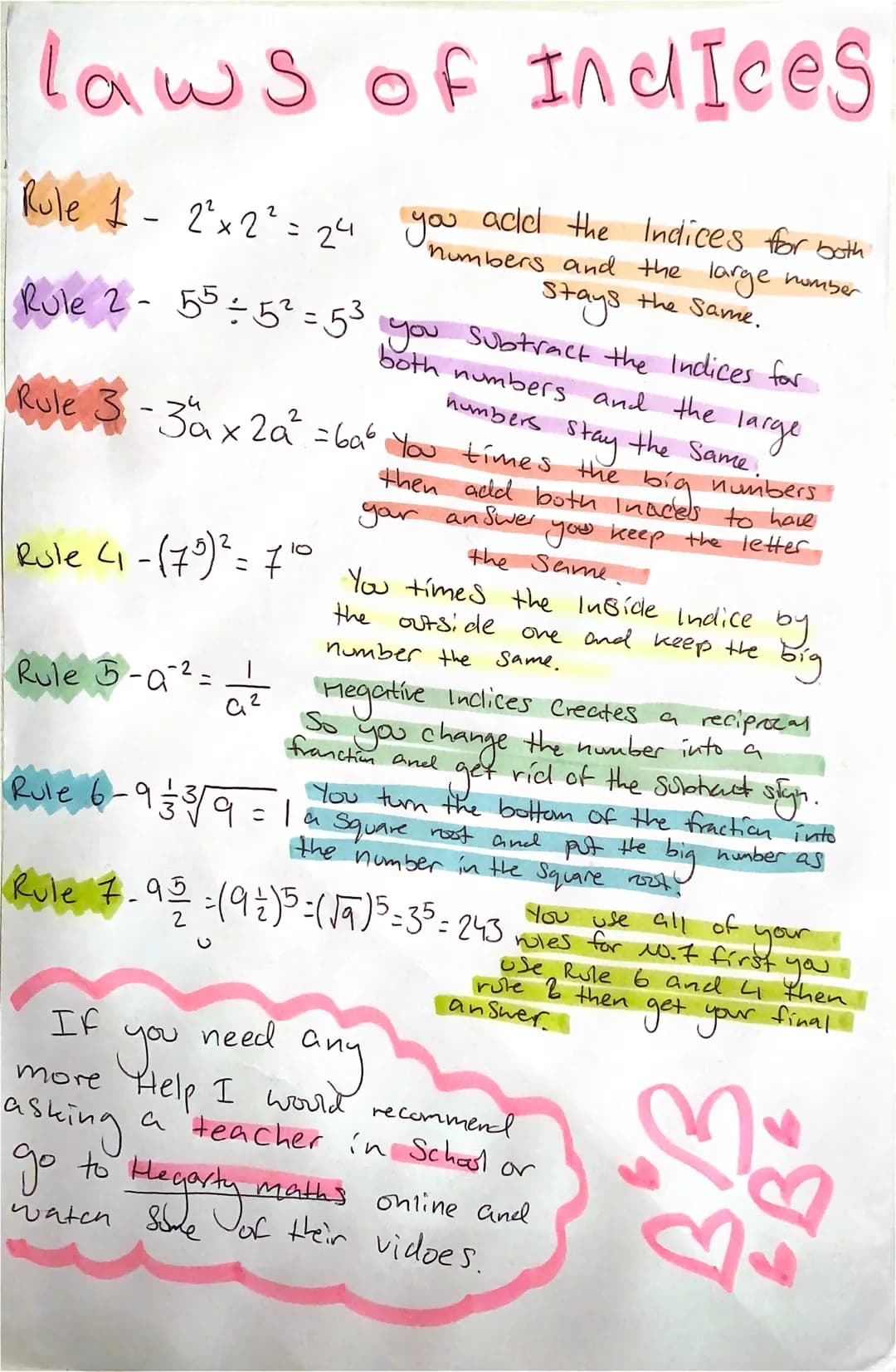 laws of Indices
Rule 1 - 2²x2² = 24 you acel the Indices for both
number
numbers and the large
stays the same.
subtract the Indices for
larg