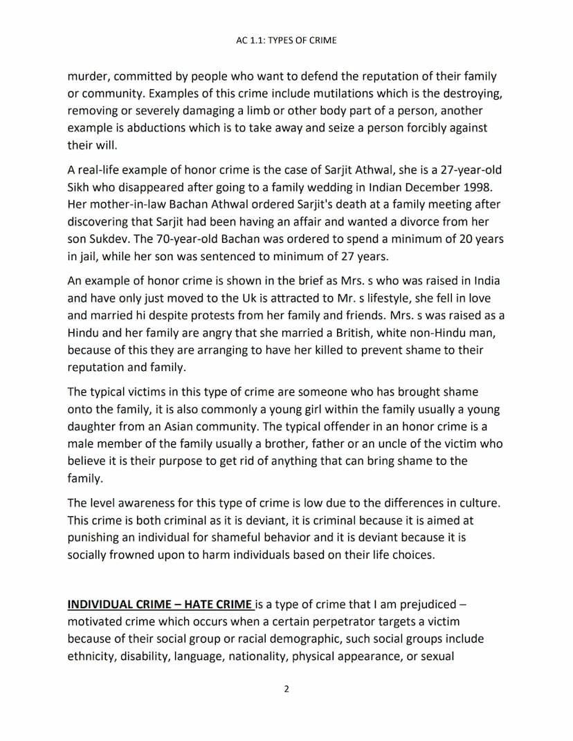 AC 1.1: TYPES OF CRIME
AC 1.1: TYPES OF CRIME
INDIVIDUAL CRIME - DOMESTIC ABUSE is an incident or pattern of incidents of
controlling, coerc