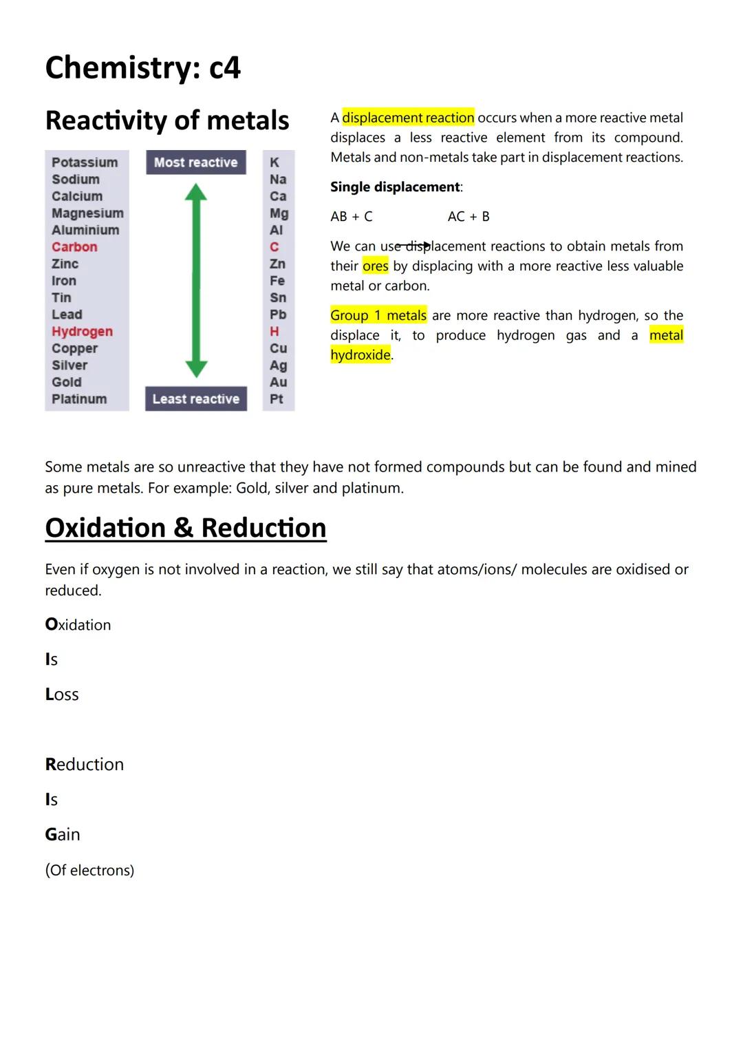 Chemistry: c4
Reactivity of metals
Potassium
Most reactive
K
Sodium
Calcium
Magnesium
Aluminium
Carbon
Zinc
Iron
Tin
Na
Ca
Mg
ΑΙ
2 8 2 = 0 N