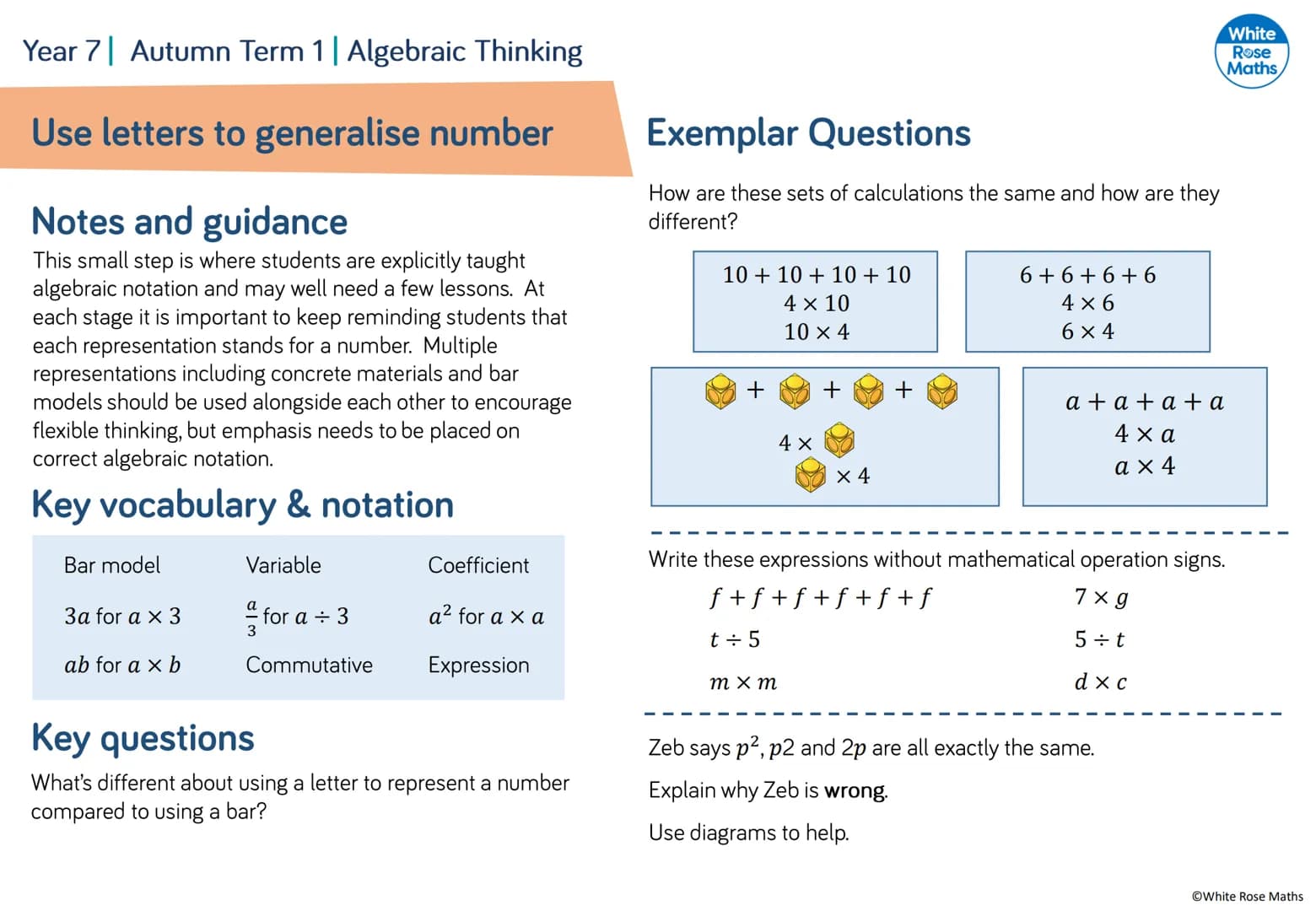 Algebraic Notation
Year 7
#MathsEveryoneCan
2019-20
White
Rose
Maths WRM - Year 7 Scheme of Learning
Autumn
Spring
Summer
Week 1
Week 2 Week