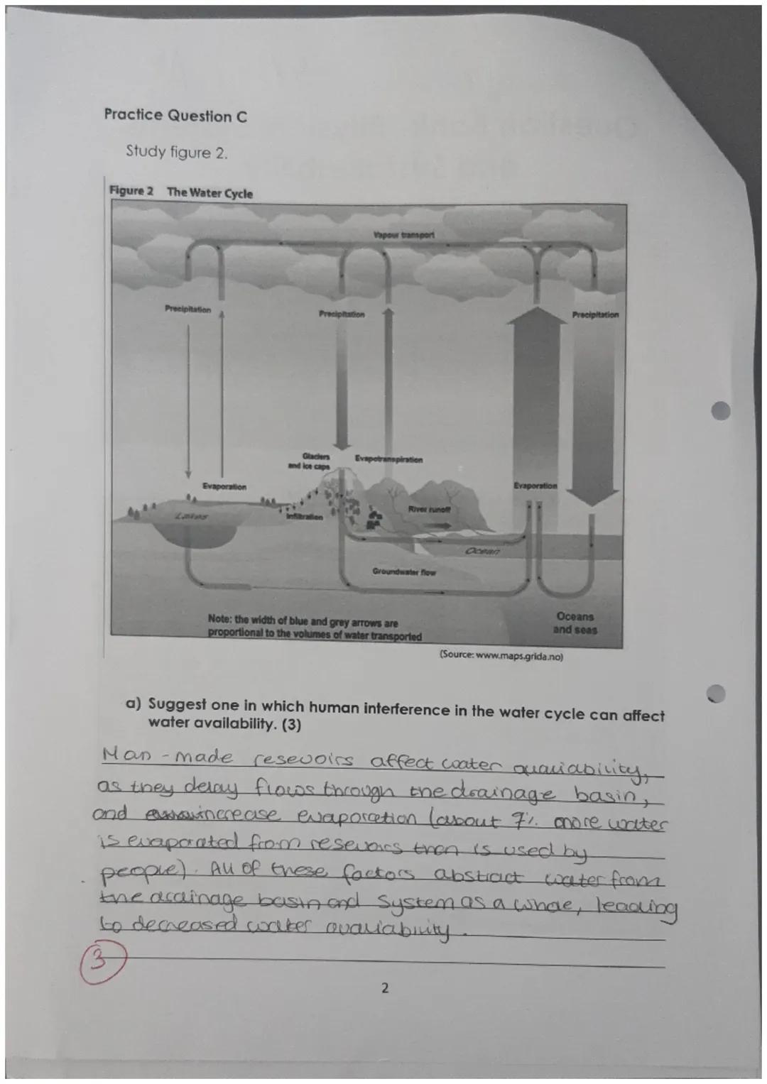 Practice Question C
Study figure 2.
Figure 2 The Water Cycle
Precipitation
Evaporation
Precipitation
Vapour transport
Glaciers Evapotranspir