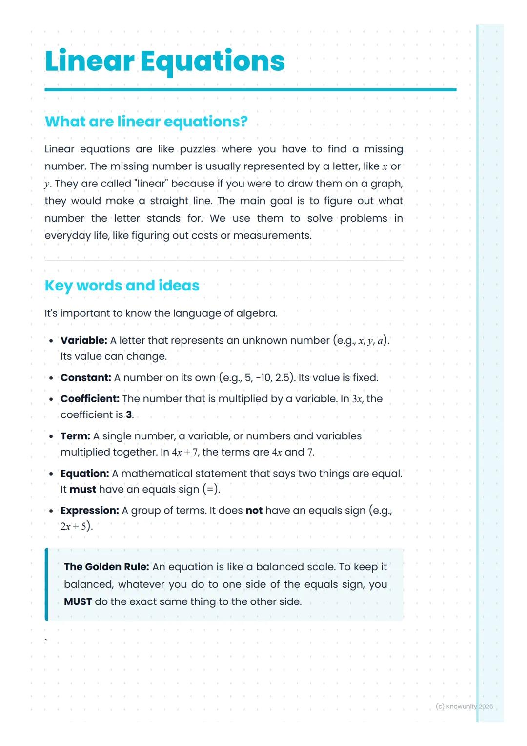 # Linear Equations

## What are linear equations?

Linear equations are like puzzles where you have to find a missing
number. The missing nu