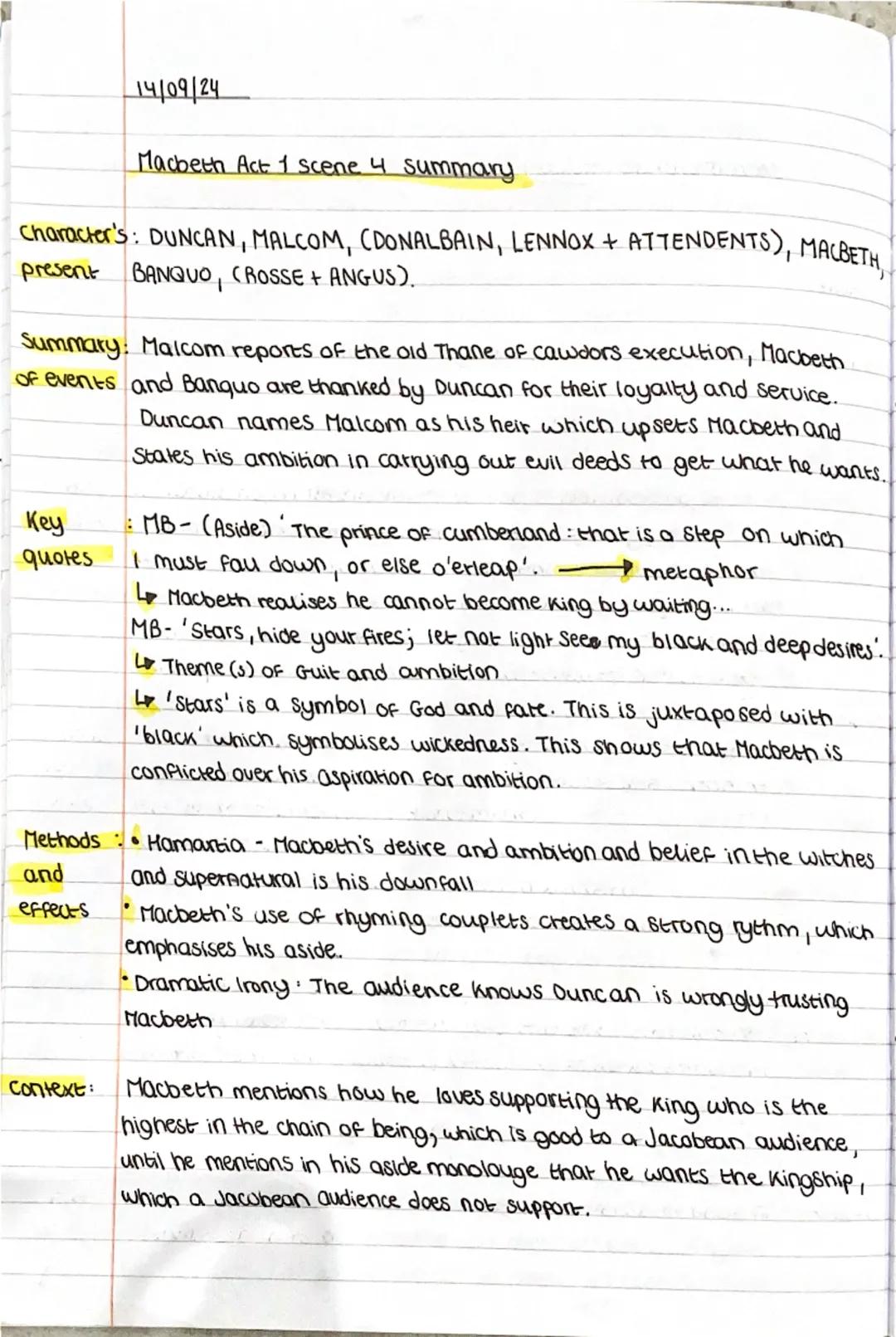 14/09/24
Macbeth Act 1 scene 4 summary
Character's: DUNCAN, MALCOM, CDONALBAIN, LENNOX + ATTENDENTS), MACBETH,
present
BANQUO, CROSSE + ANGU