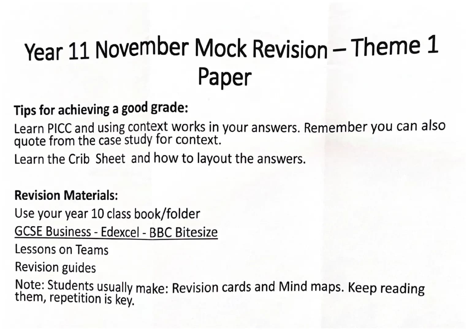 Year 11 November Mock Revision - Theme 1
Paper
Tips for achieving a good grade:
Learn PICC and using context works in your answers. Remember
