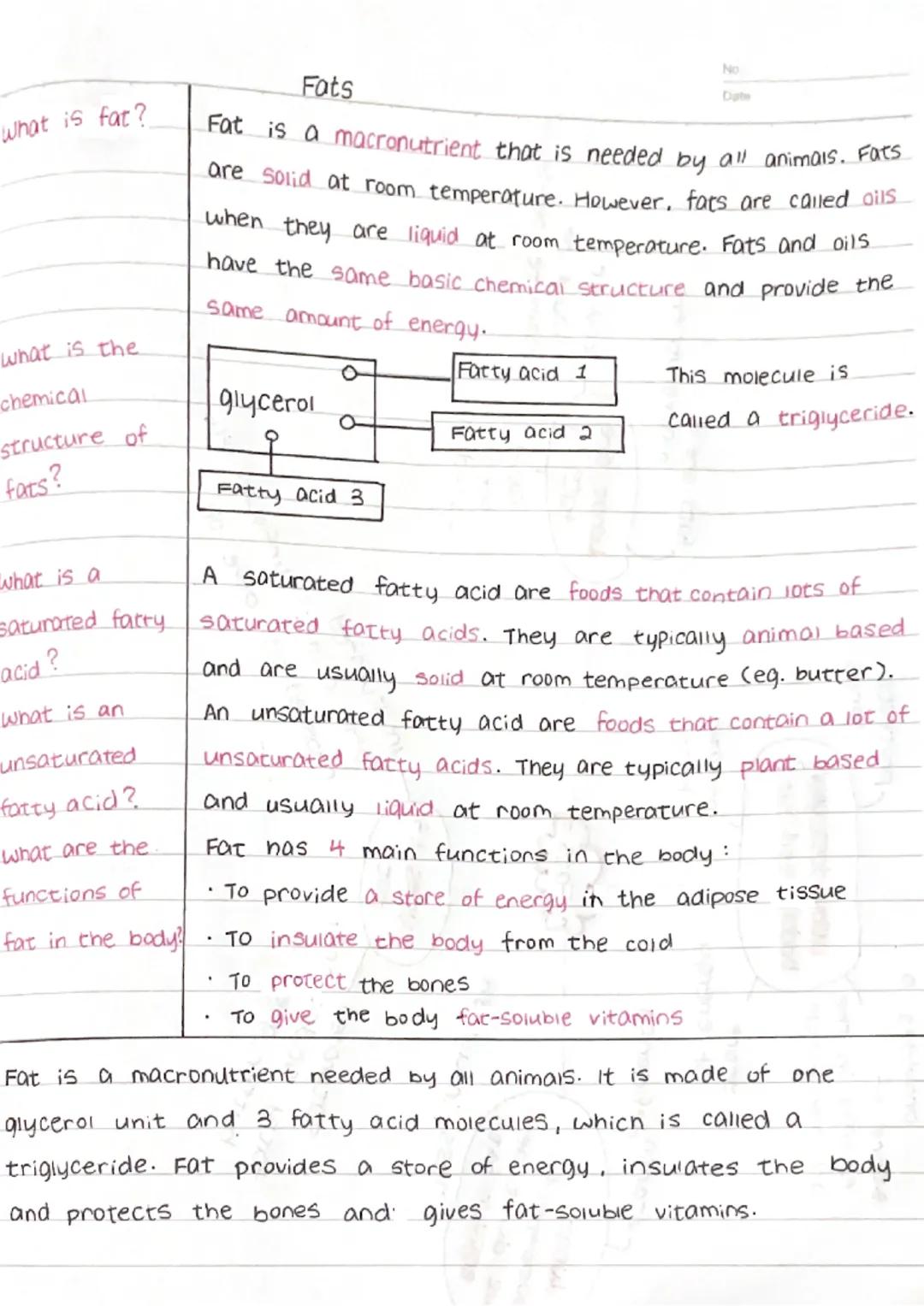 Fots

What is fat?

what is the
chemical
structure of
fats?

Date

Fat is a macronutrient that is needed by all animals. Fats
are solid at r