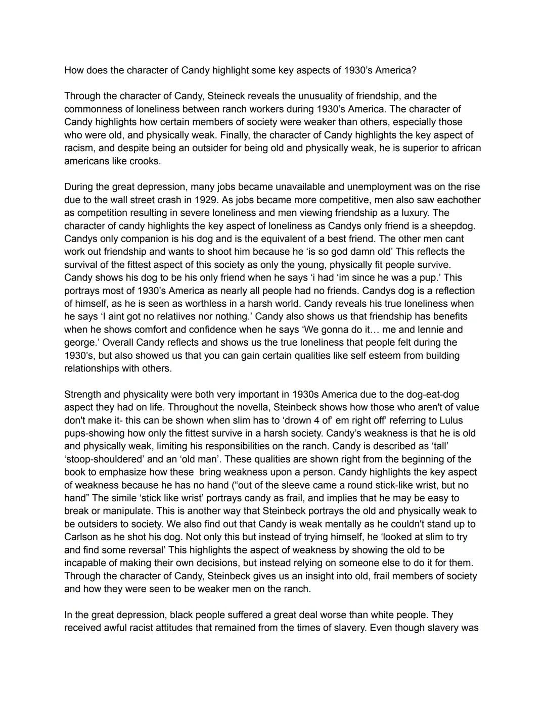 How does the character of Candy highlight some key aspects of 1930's America?
Through the character of Candy, Steineck reveals the unusualit