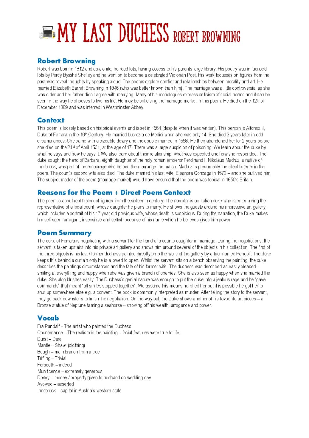 My Last Duchess Context and Summary - Power and Conflict Poetry