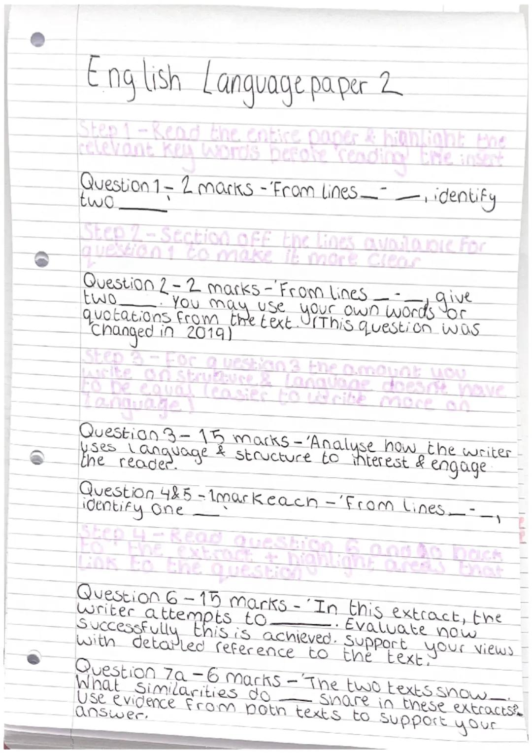 # English Language paper 2

Step 1- Read the entire paper & highlight the
relevant key words before reading time insert

Question 1-2 marks 