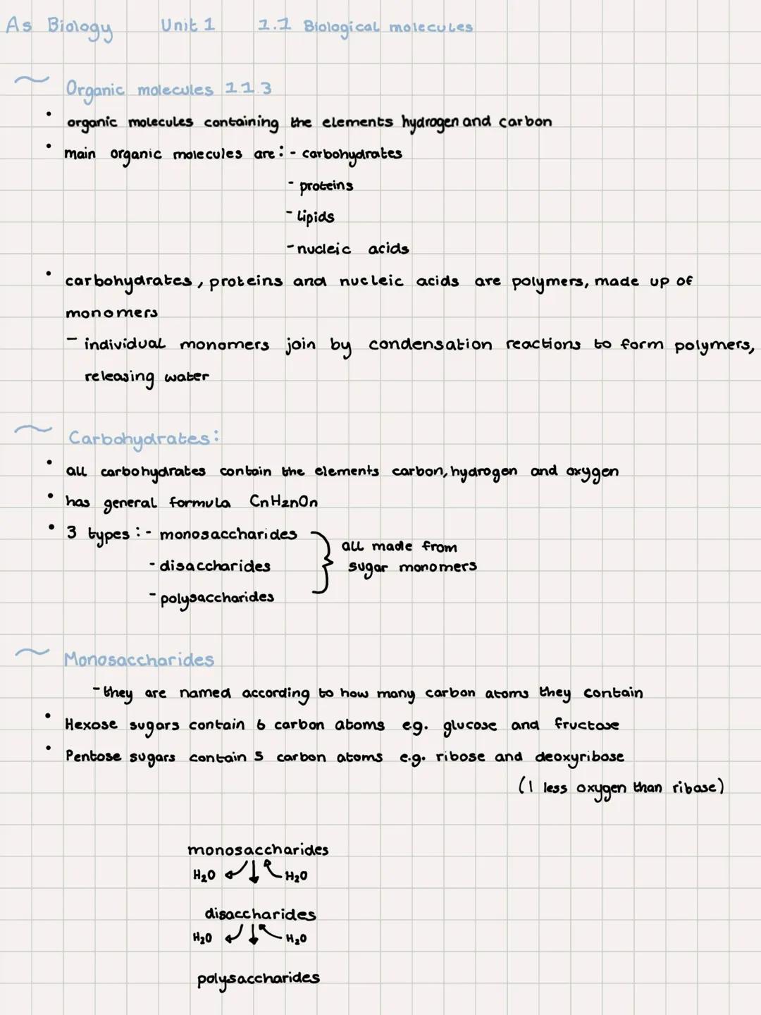As Biology
●
●
●
●
●
●
Unit 1 1.1 Biological molecules
Organic molecules 11.3
organic molecules containing the elements hydrogen and carbon
