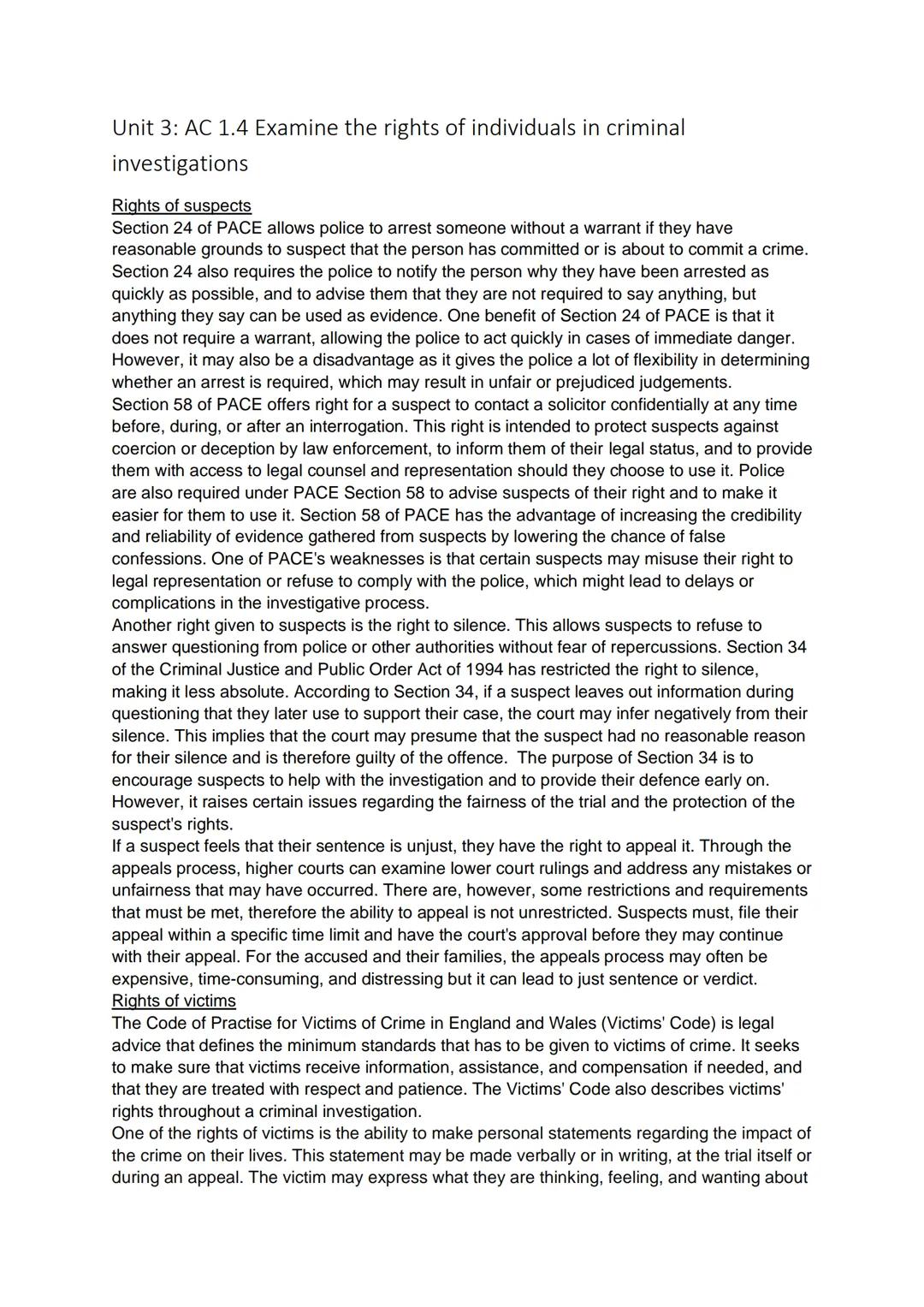 Unit 3: AC 1.4 Examine the rights of individuals in criminal
investigations

Rights of suspects
Section 24 of PACE allows police to arrest s