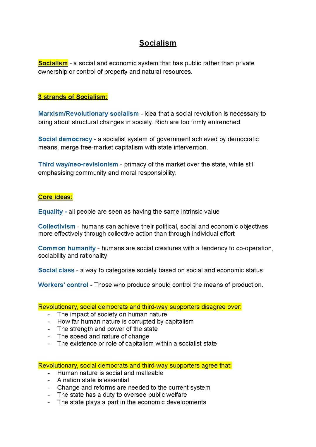 Socialism - revison notes