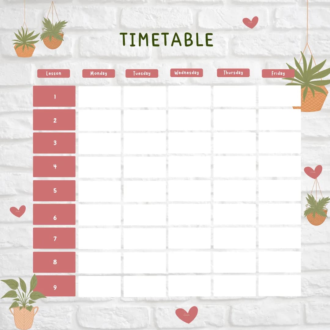 Lesson
1
2
3
4
5
6
7
8
9
Monday
TIMETABLE
Tuesday
Wednesday
Thursday
26
Friday Time
9am
10am
11am
12am
1pm
2pm
3pm
4pm
5pm
Monday
TIMETABLE
