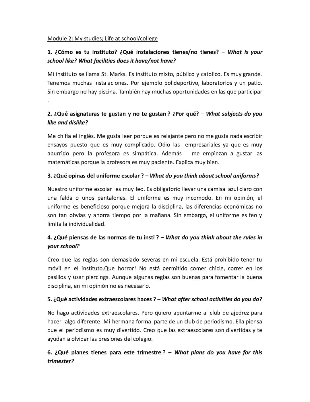 Spanish Speaking Module 2 Questions