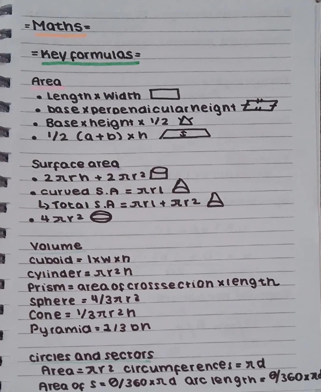 Pythagoras
a2+b2=C2
C = √a2+b2
Trig
SOHCAHTOA
S=O/H C=A/H T=O/A
Further trig
Area=1/2 absin C
Sine rule = a / Sin A = b/sin B
= SinA/a = Sin