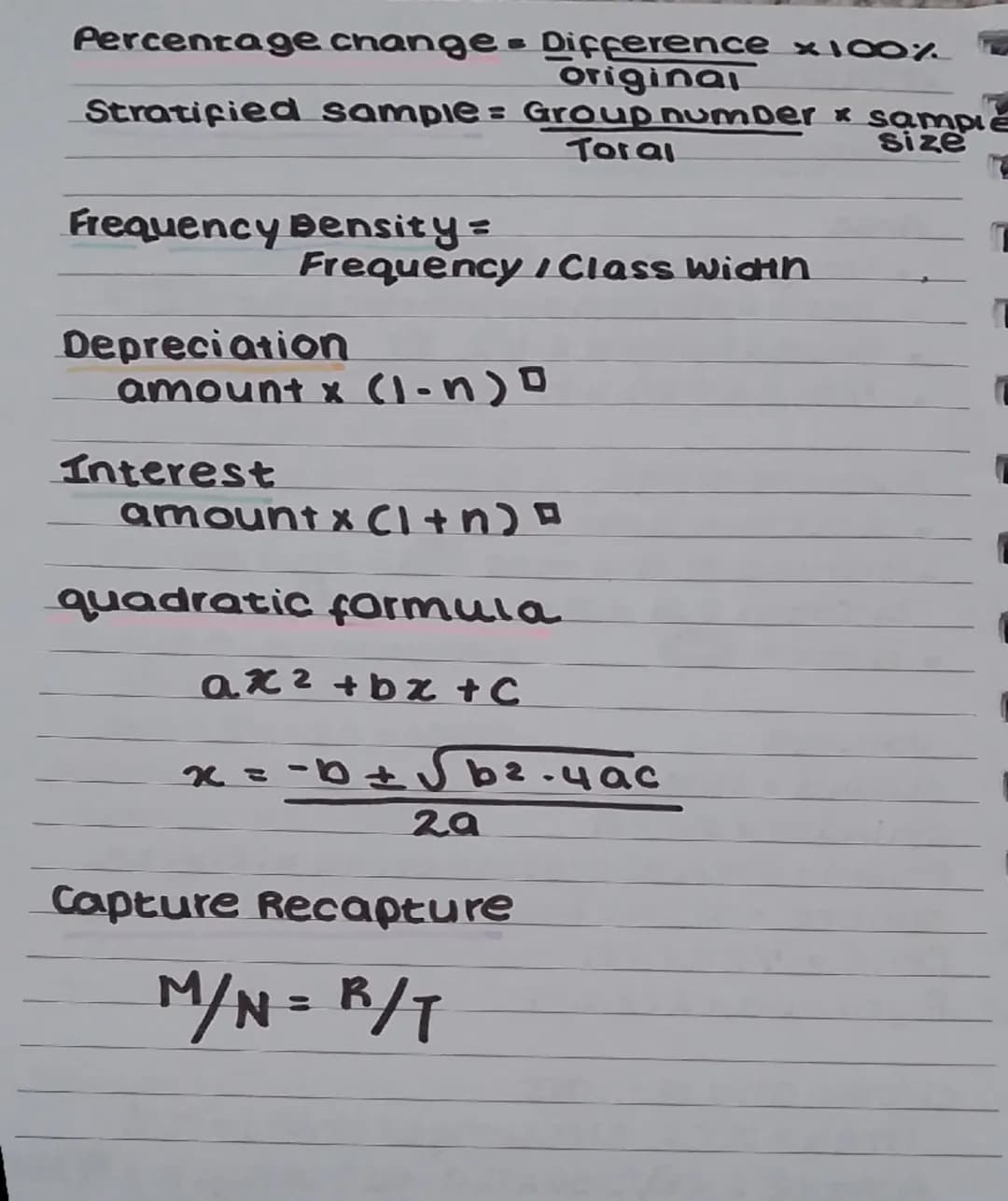Pythagoras
a2+b2=C2
C = √a2+b2
Trig
SOHCAHTOA
S=O/H C=A/H T=O/A
Further trig
Area=1/2 absin C
Sine rule = a / Sin A = b/sin B
= SinA/a = Sin