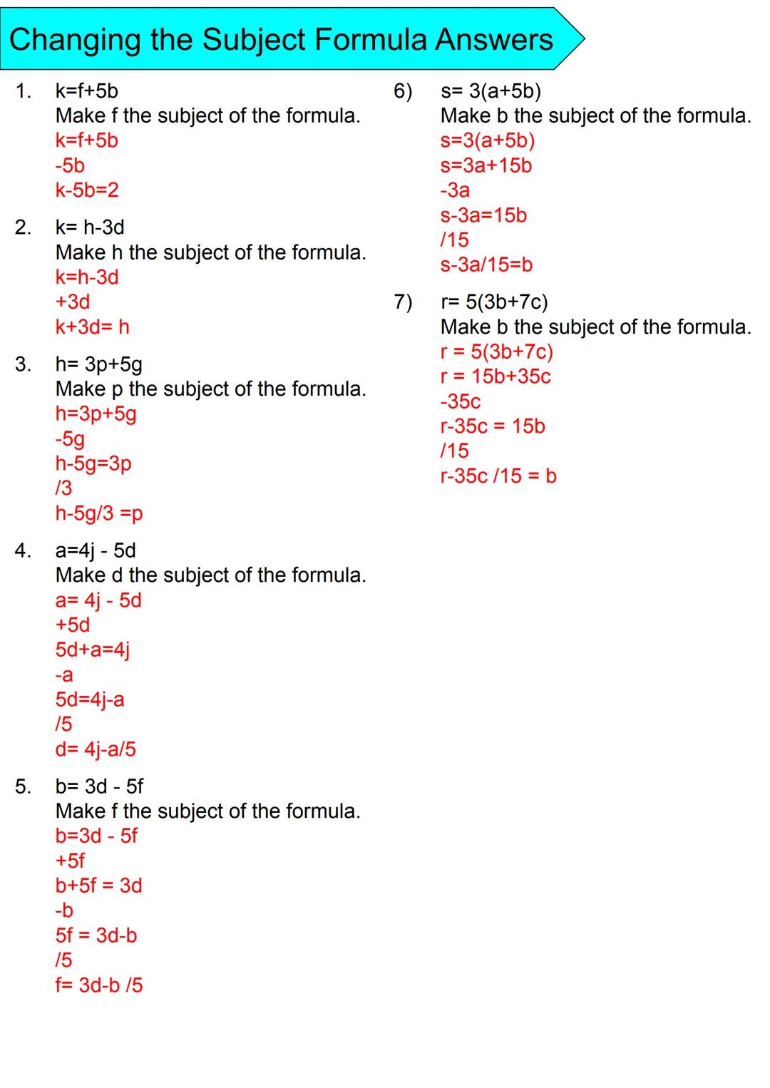 Changing the Subject Formula Questions
1. k=2f+5
2.
3.
6.
4. a=4j - 5d
7.
Make f the subject of the formula.
8.
k= 5h-3
Make h the subject o
