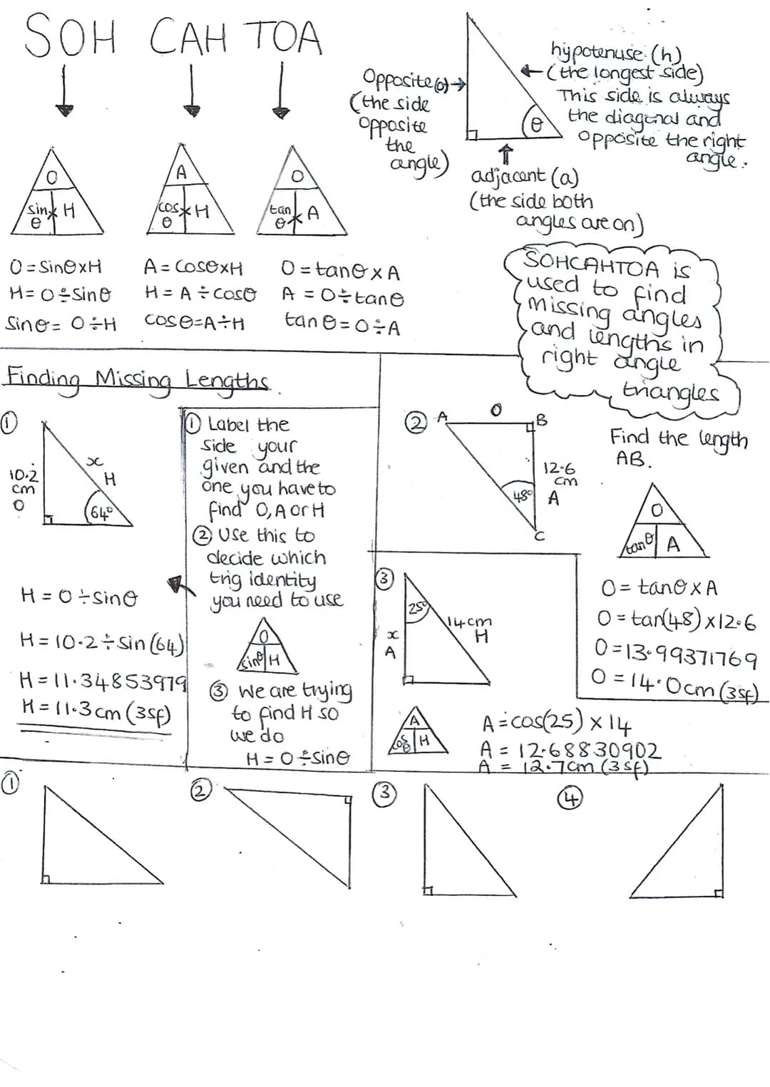 SOH CAH TOA
Į
sing H
e
0 = SinOxH
H= 0 ÷Sin
Sine = 0÷H
ថៃ្ងទី០
O
SC
Finding Missing Lengths.
O
10 Label the
H
A
cos*H
0
64°
A = COSOXH
H = A