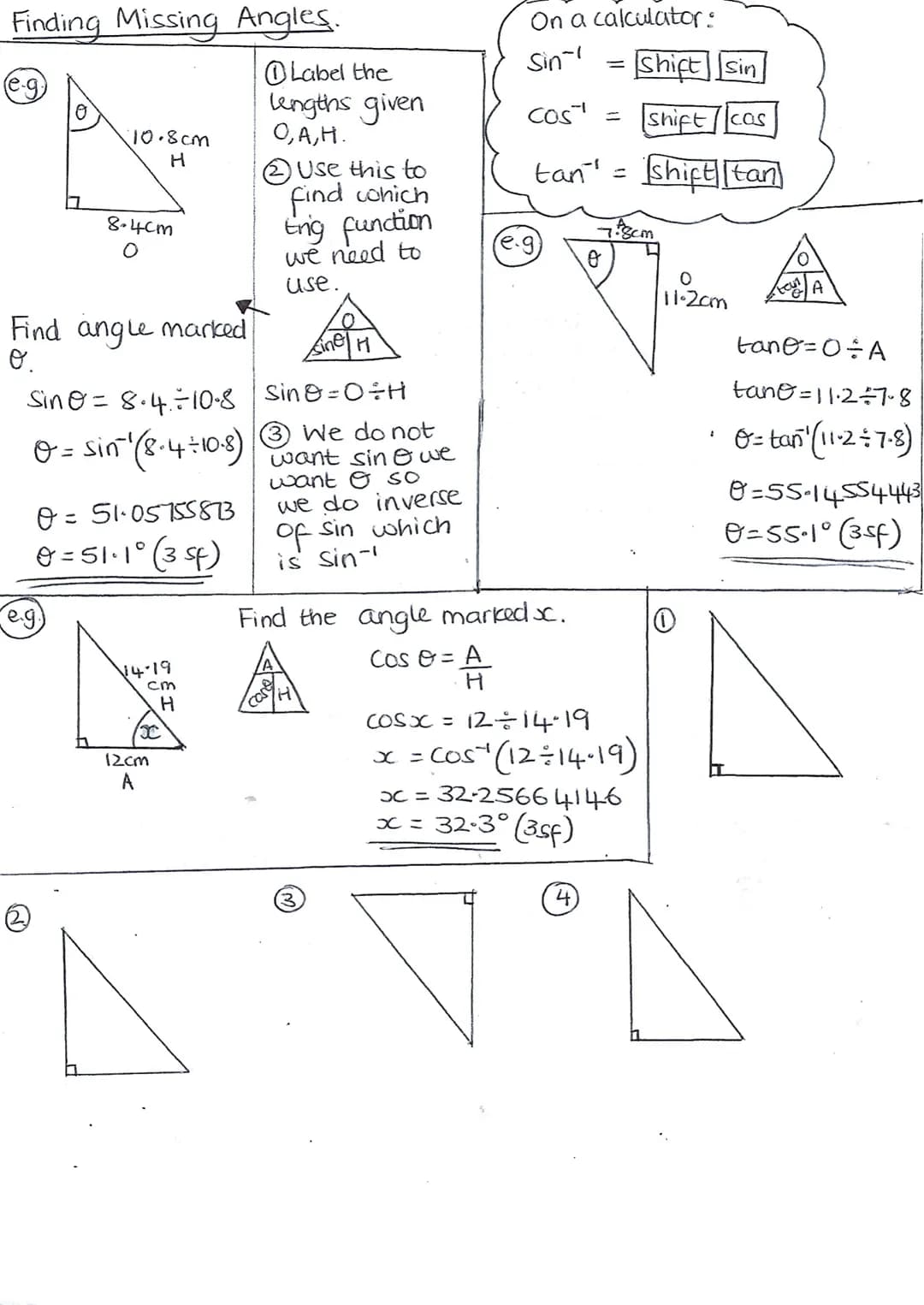 SOH CAH TOA
Į
sing H
e
0 = SinOxH
H= 0 ÷Sin
Sine = 0÷H
ថៃ្ងទី០
O
SC
Finding Missing Lengths.
O
10 Label the
H
A
cos*H
0
64°
A = COSOXH
H = A