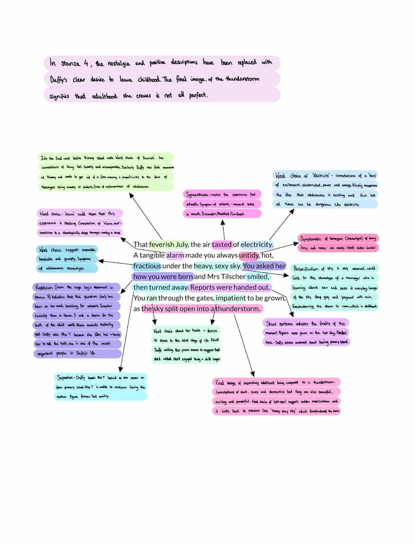 and
Stanza 1 focuses on the classroom, how Mrs Tilscher teaches
her small nostalgic details the poet remembers. The teacher is trying to mak