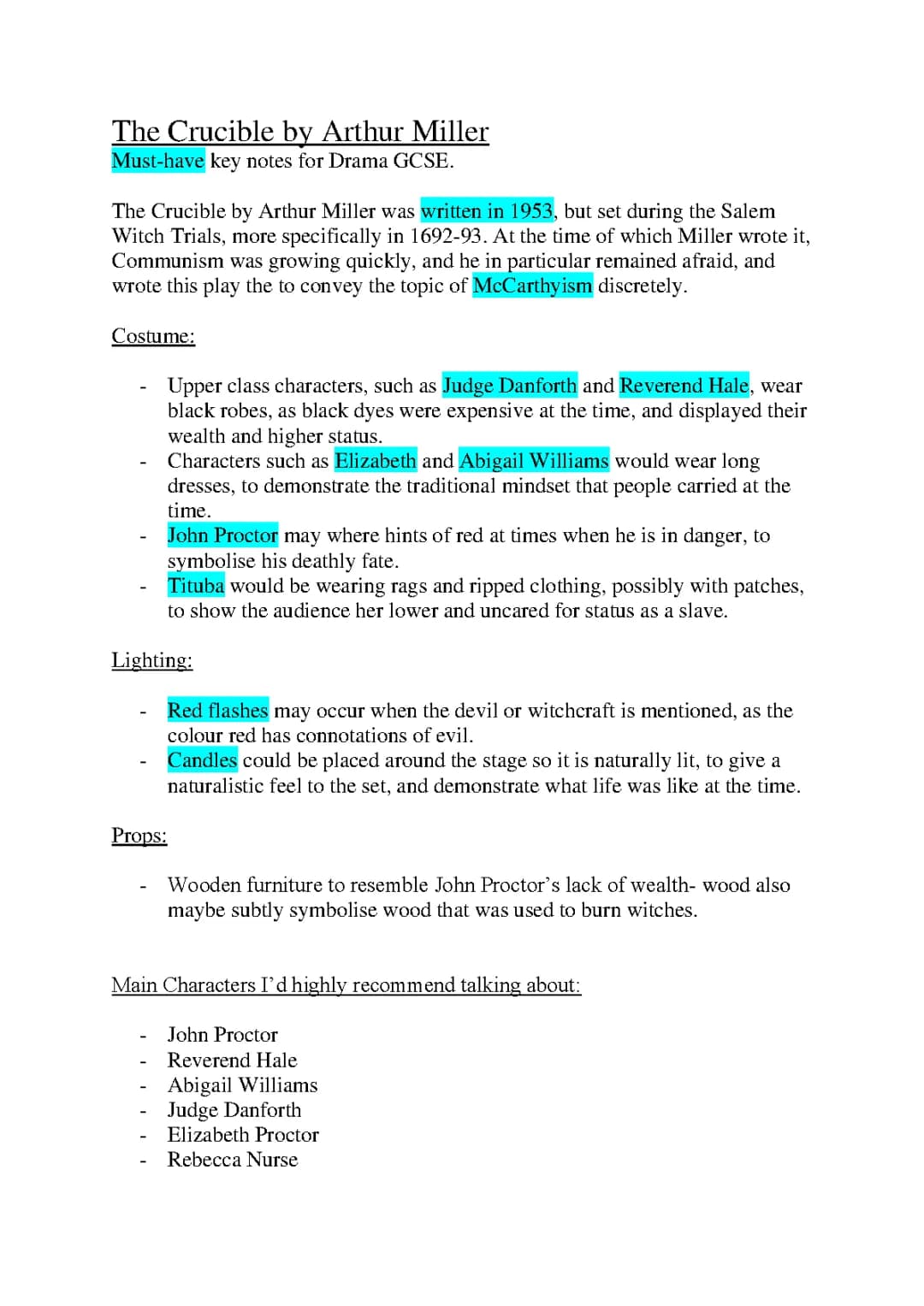 GCSE Drama: The Crucible notes.
