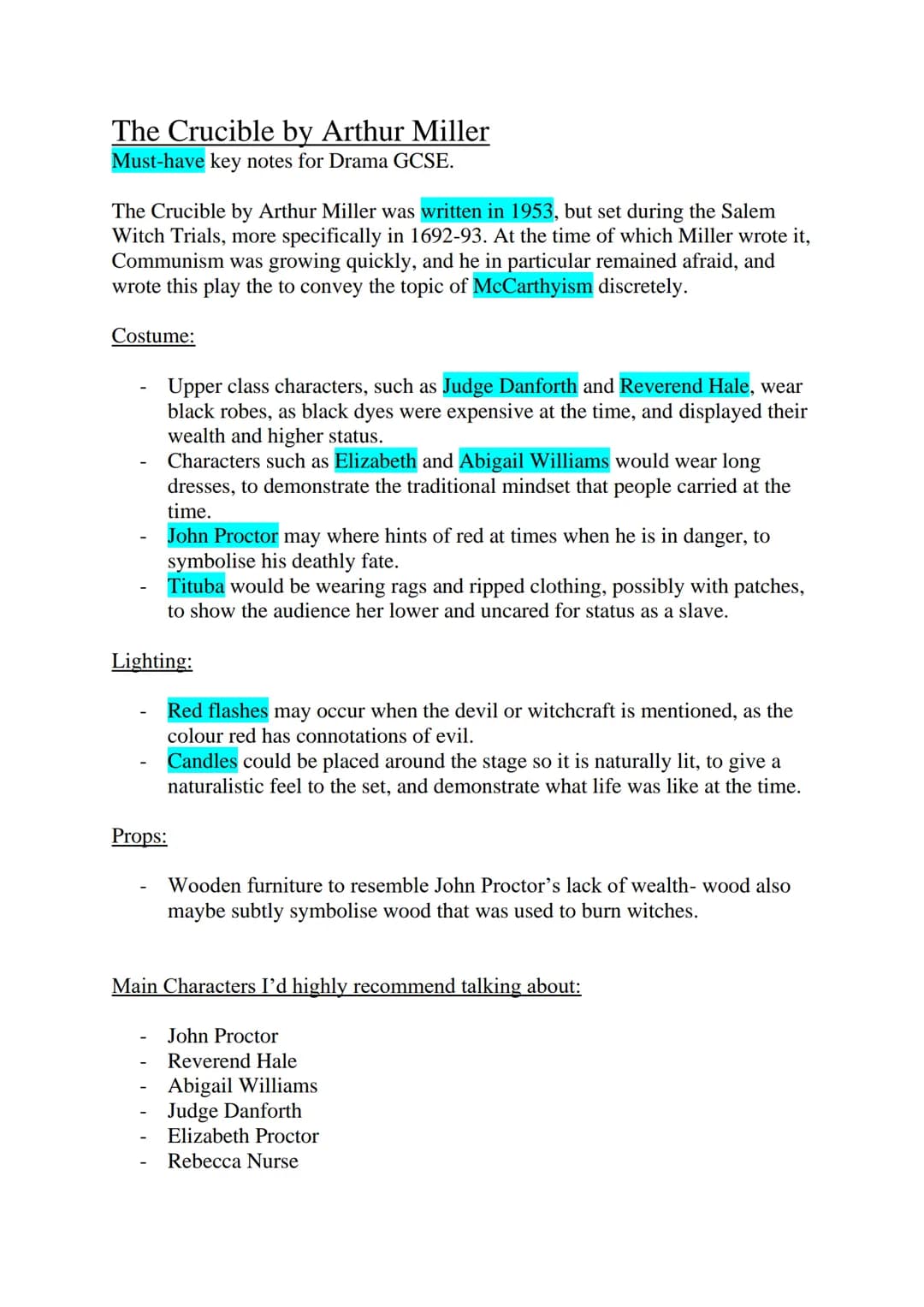 The Crucible by Arthur Miller
Must-have key notes for Drama GCSE.
The Crucible by Arthur Miller was written in 1953, but set during the Sale