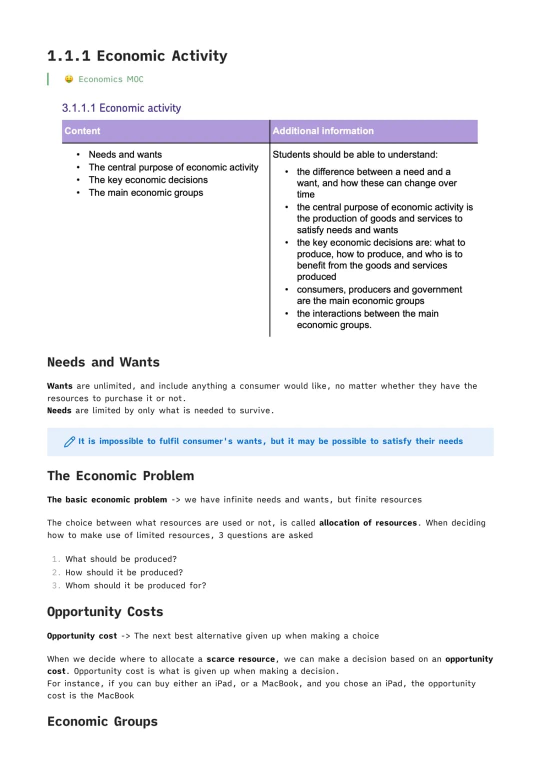 Economics Paper 1
Reuben Cowell 1.1.1 Economic Activity
Economics MOC
3.1.1.1 Economic activity
Content
•
Needs and wants
•
The central purp