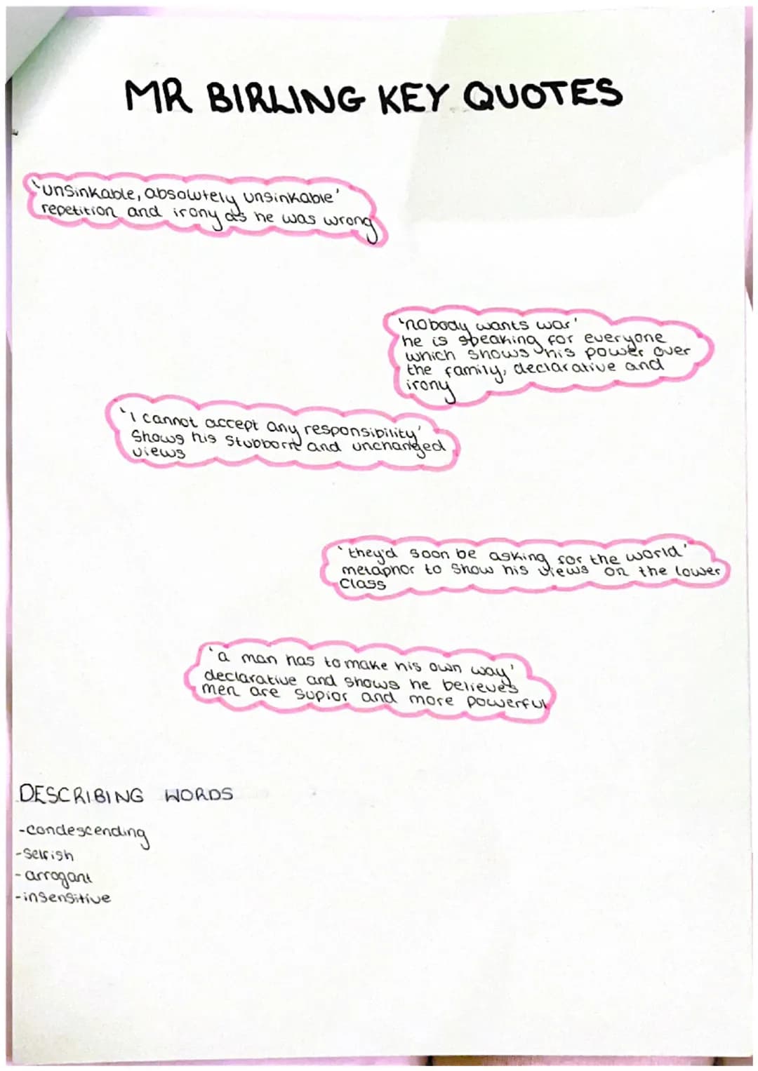 MRS BIRLING KEY QUOTES
I'm very sorry but I think she only had herself to blame.
She takes no responsibility
Go and look for the father of t