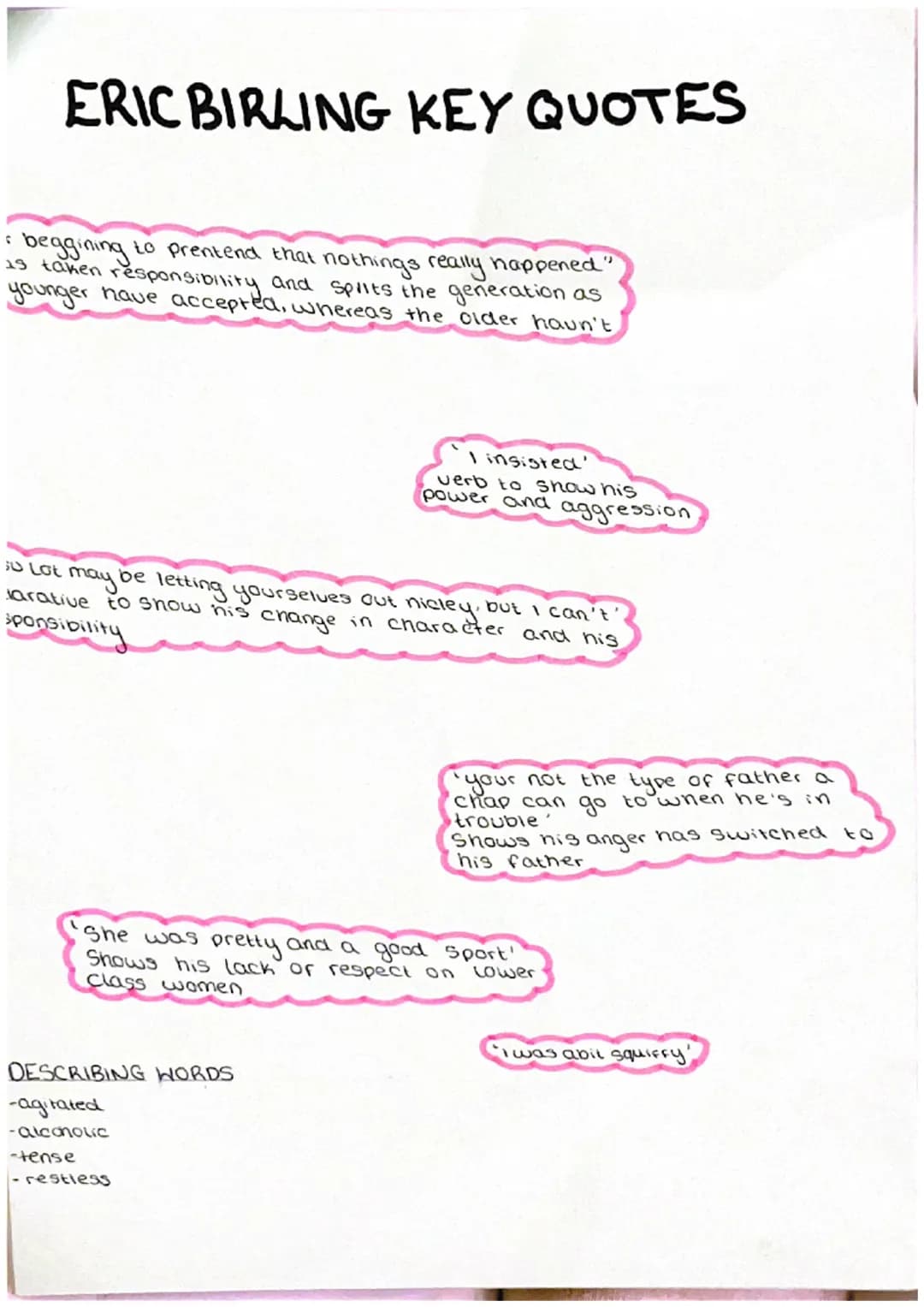 MRS BIRLING KEY QUOTES
I'm very sorry but I think she only had herself to blame.
She takes no responsibility
Go and look for the father of t