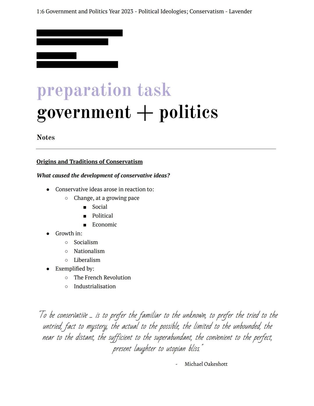 1:6 Government and Politics Year 2023 - Political Ideologies; Conservatism - Lavender
=
task
preparation
government politics
Notes
Origins a