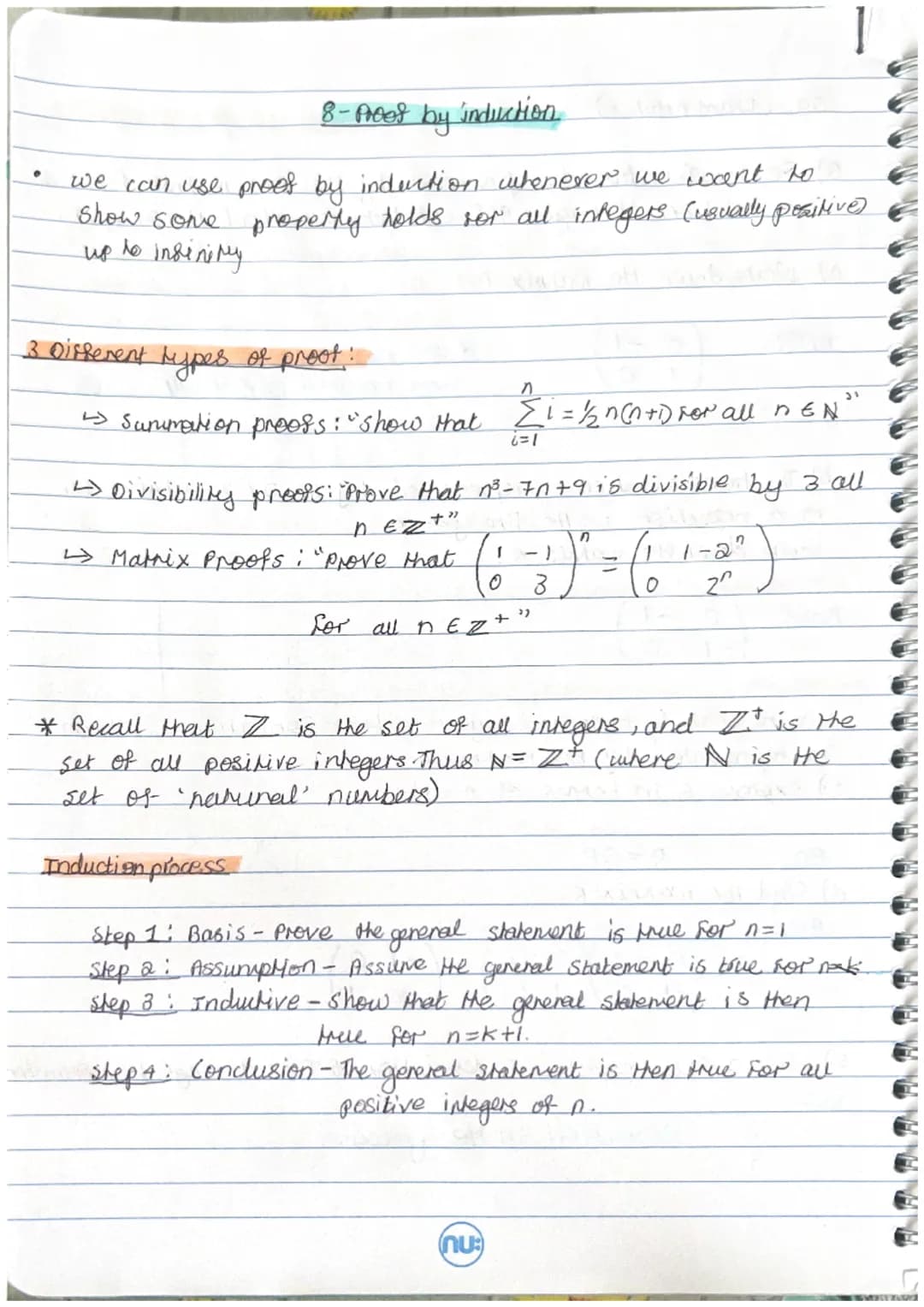 ●
8- Preet by induction
we can use proof by induction whenever we want to
show some properly holds for all integers (usually positive
up to 